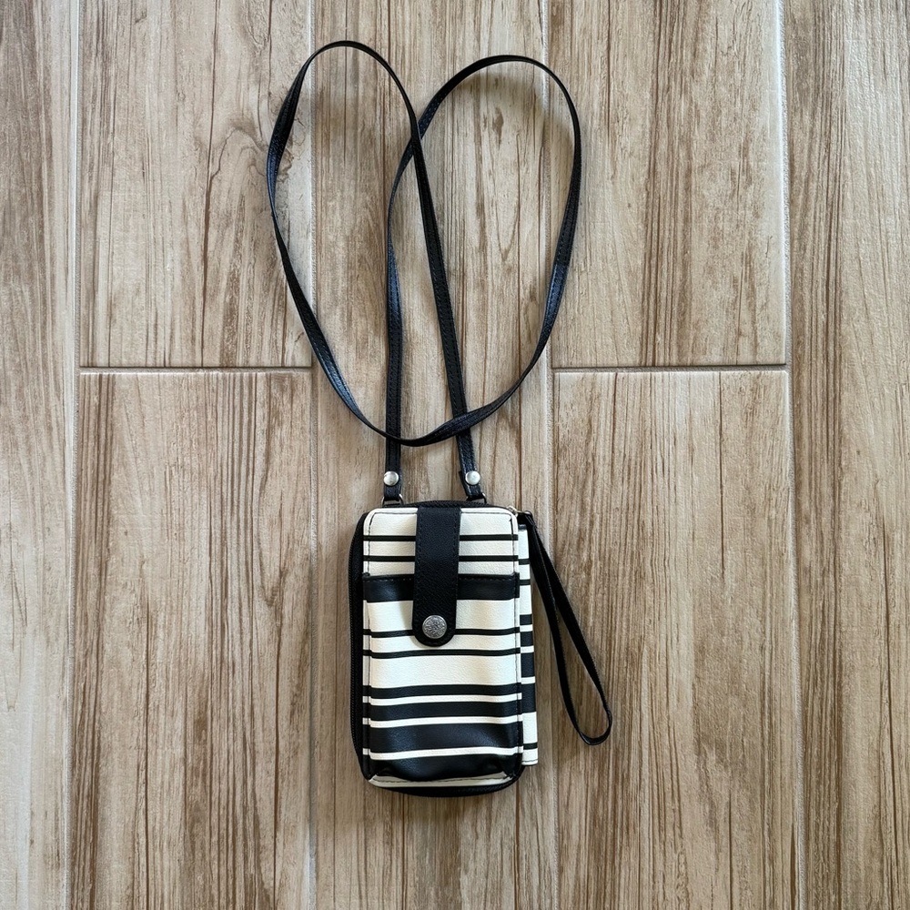 Crossbody wallet black & cream striped wristlet RFID protection phone case